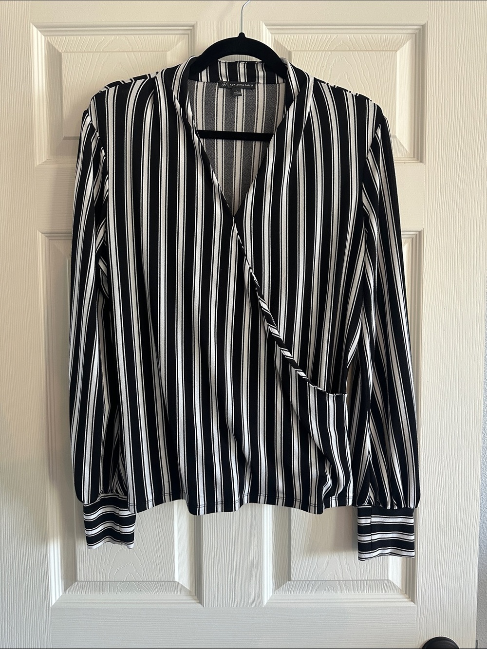 Adrianna Papell Black & White Vertical Stripe Wrap Blouse